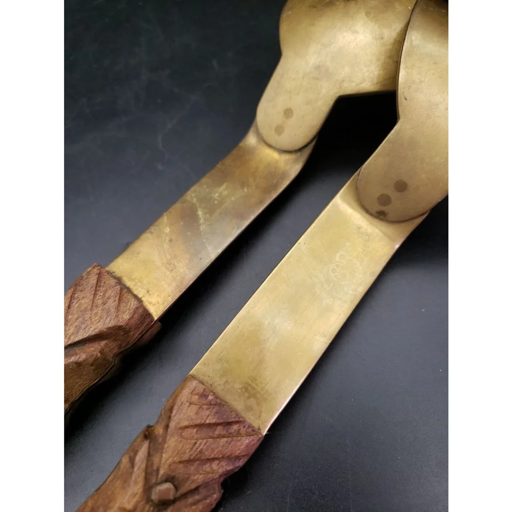 Vintage MCM Spoon & Fork Salad Servers Wood and Brass 11